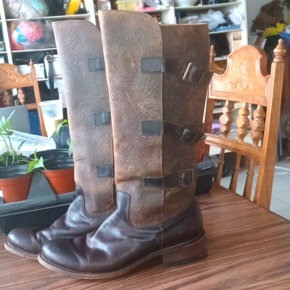 JB Dillon Boots Tooled Leather Knee High, Buckle, 12B